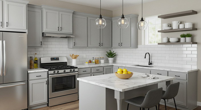 Budget-friendly modern kitchen with gray cabinets, laminate countertops, and vinyl flooring.