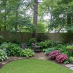 Lush backyard with shade-loving plants under trees and along fences