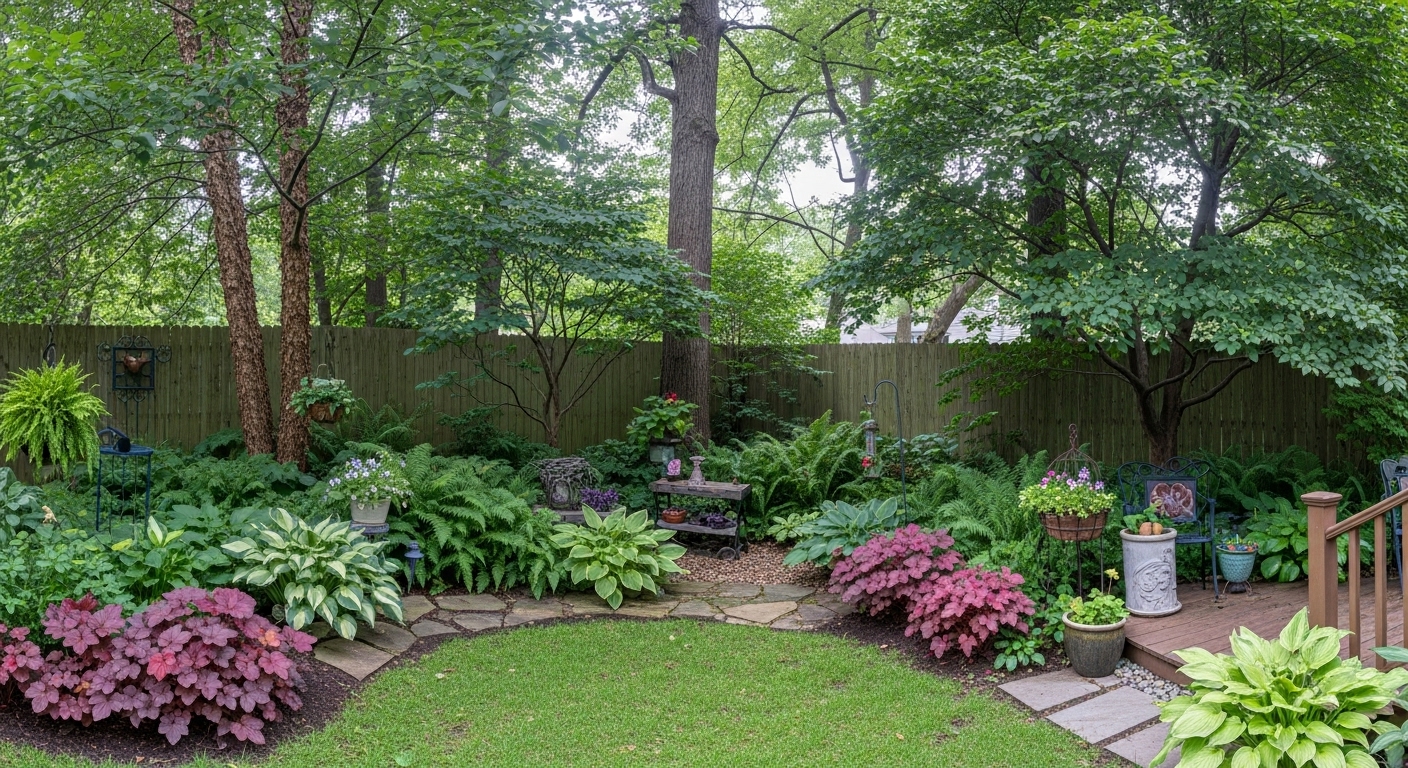 Lush backyard with shade-loving plants under trees and along fences
