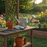 Essential gardening tools for beginners displayed on a potting bench in a backyard garden.