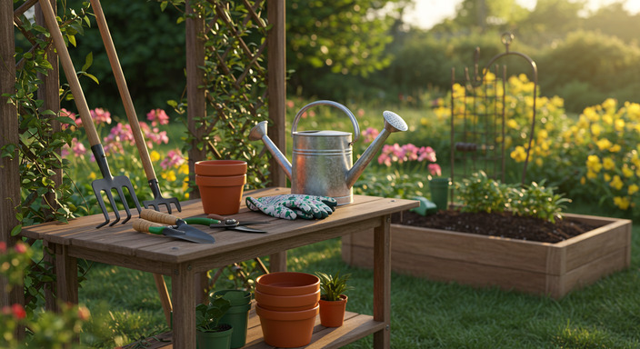Essential gardening tools for beginners displayed on a potting bench in a backyard garden.
