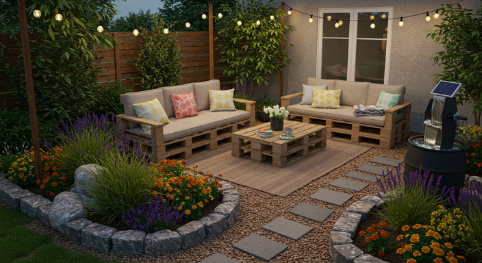 Cozy backyard with pallet furniture, stone-edged garden beds, and solar string lights.