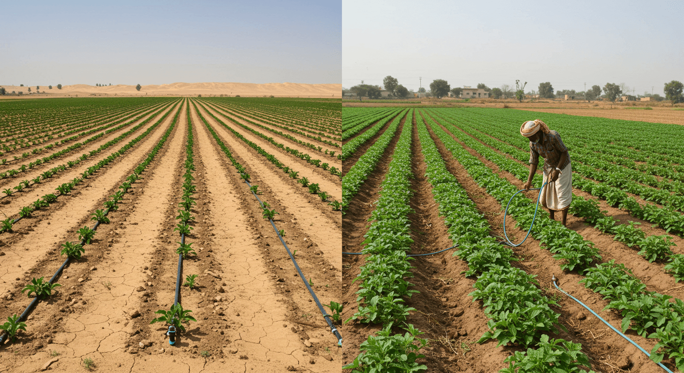 Successful drip irrigation in Israel and India transforming dry farmland into productive fields
