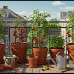 Urban balcony with various containers growing healthy tomato plants supported by cages and surrounded by companion herbs.