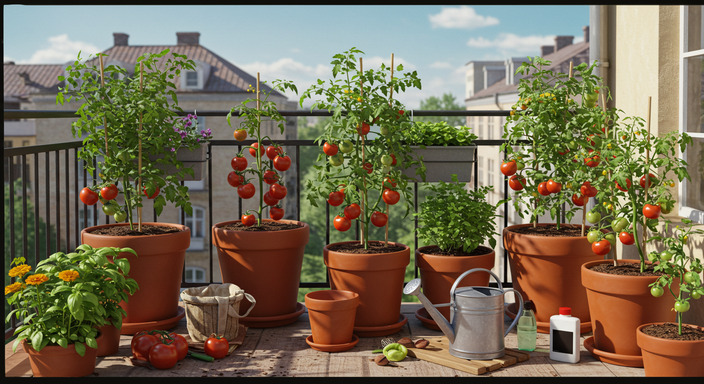 Urban balcony with various containers growing healthy tomato plants supported by cages and surrounded by companion herbs.
