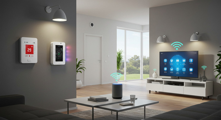 Modern living room equipped with various smart home devices enhancing convenience and efficiency.