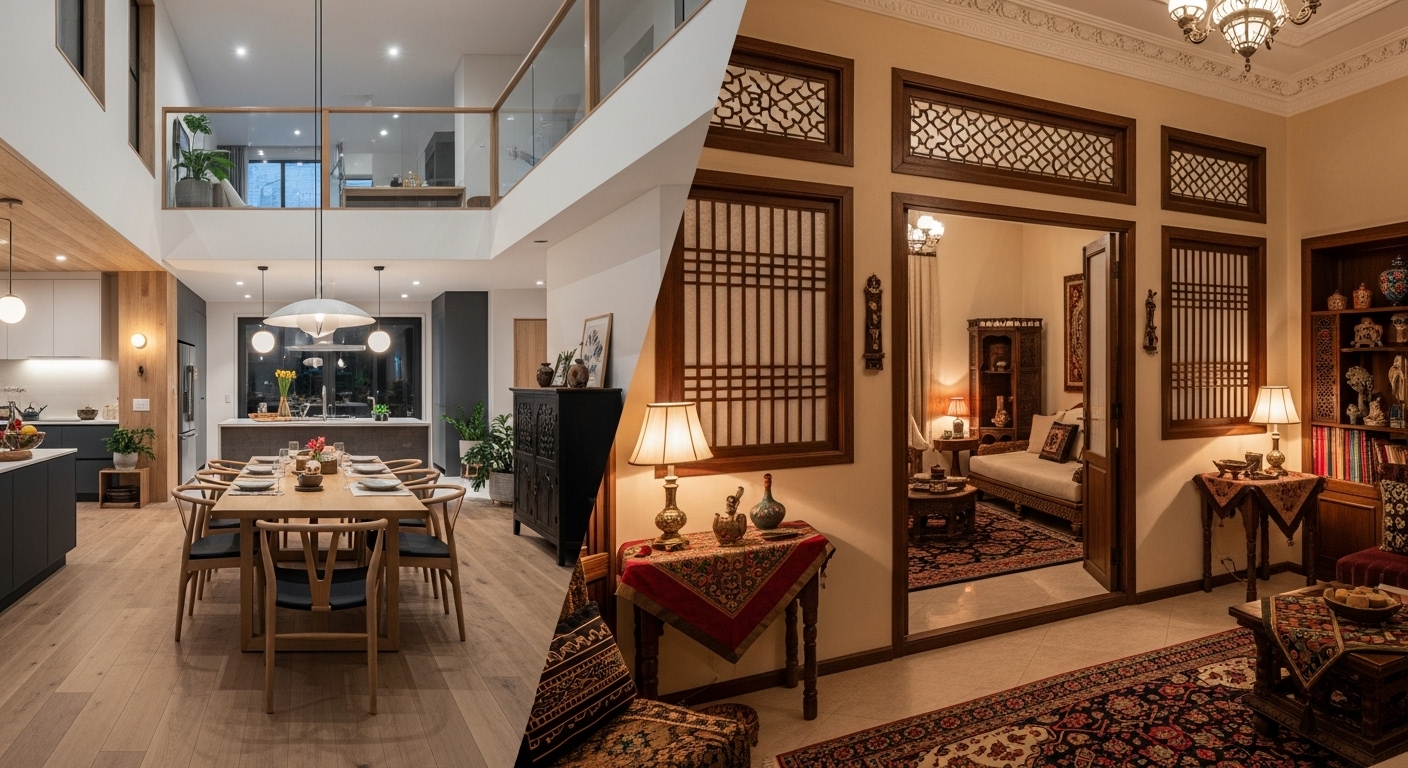 Side-by-side interiors showing cultural differences in open vs. traditional home layouts