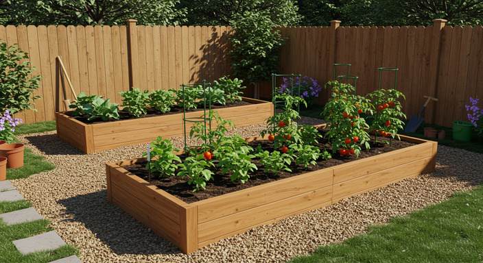 Backyard with a cedar raised garden bed filled with vegetables and surrounded by pea gravel paths.