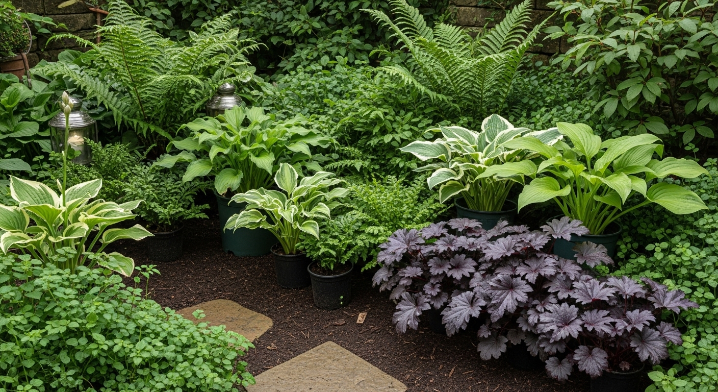 Easy-Care Shade Plants for Effortless Gardening Low-maintenance shade-loving plants like ferns and hostas in a shaded garden