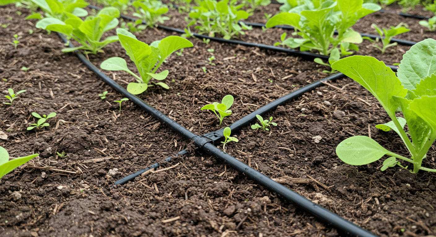 Drip irrigation delivering water directly to plant roots in a garden bed