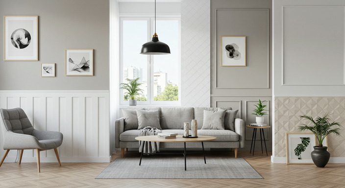 Living room showcasing various DIY wall paneling styles in neutral tones.