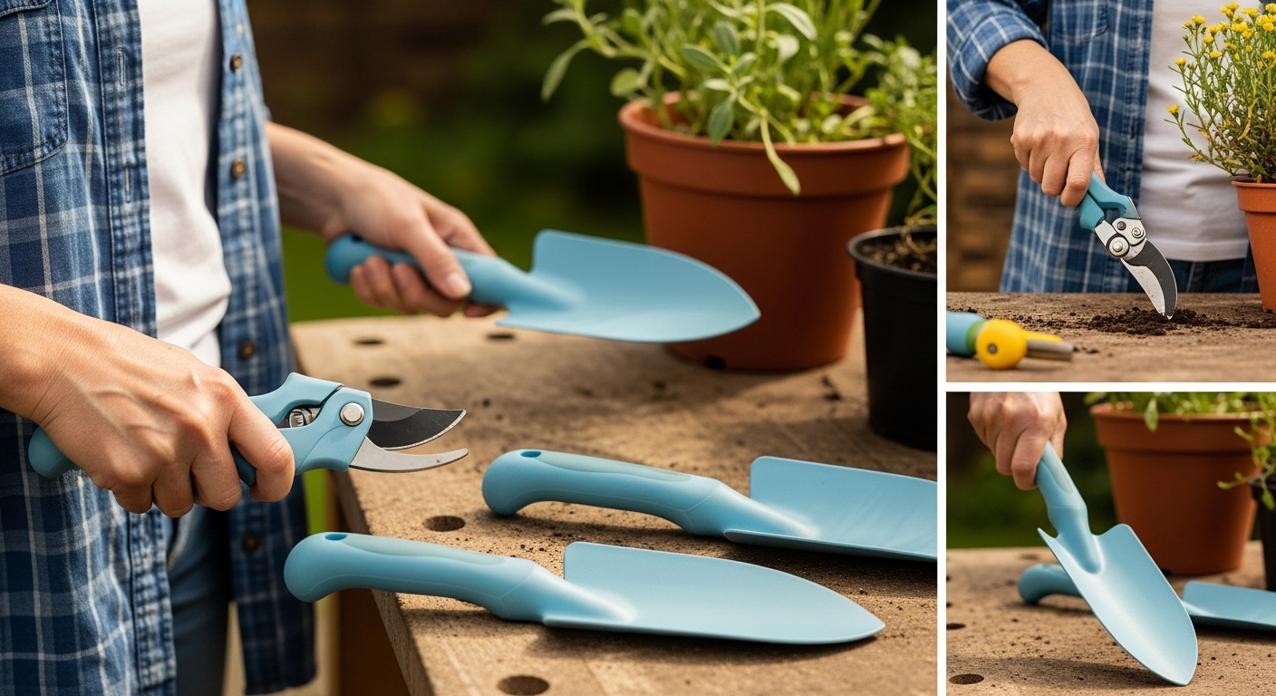 Ergonomic Gardening Tools Make Tasks Easier for Beginners Ergonomic gardening tools with soft-grip handles and lightweight design in use by a beginner gardener
