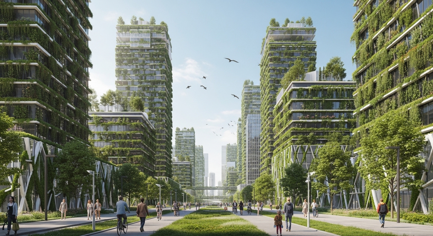 Futuristic city with high-rise buildings covered in smart vertical garden walls and sustainable design features