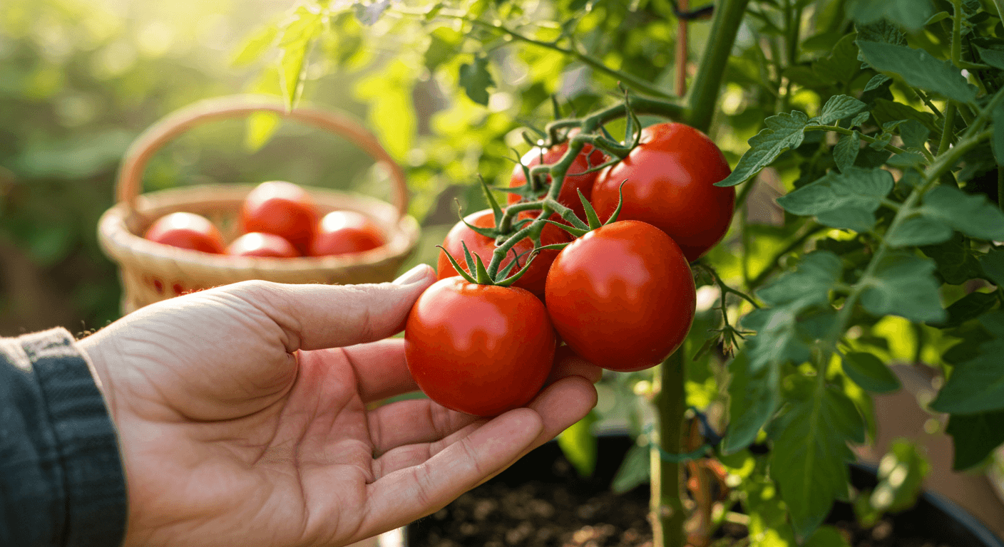 How to Harvest Tomatoes from Container Plants the Right Way Gardener harvesting ripe tomatoes from a container plant on a sunny morning