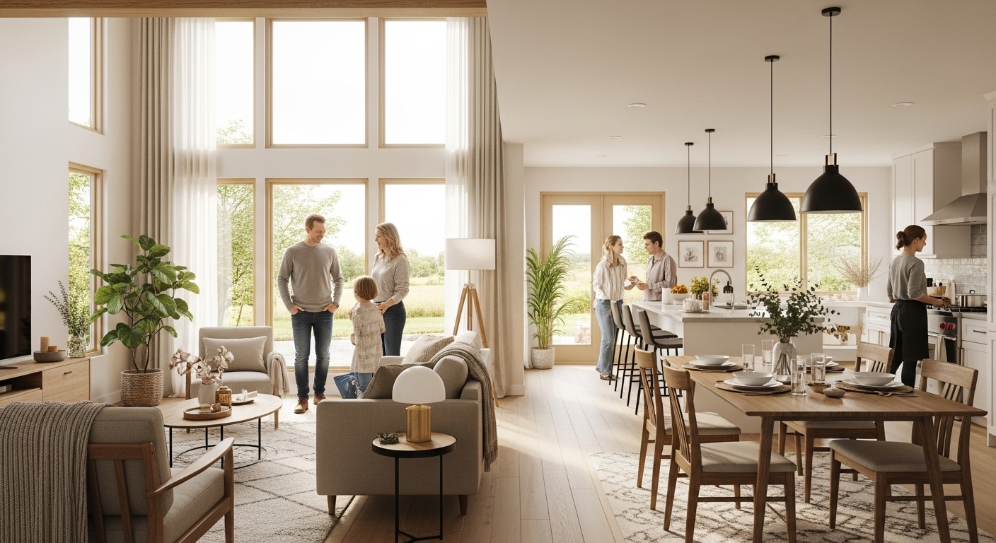 Bright open-concept living space with natural light and fluid layout connecting kitchen, dining, and living areas