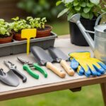 Essential beginner gardening tools on a wooden table with gloves, pruners, and watering can