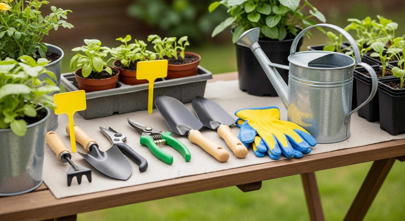 Essential beginner gardening tools on a wooden table with gloves, pruners, and watering can