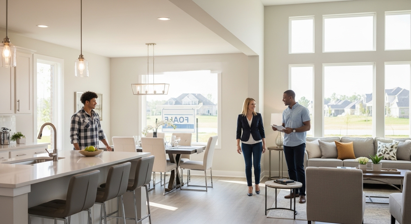 Modern open-concept home interior staged for sale, with buyers touring the property