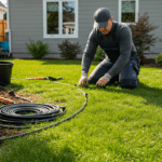 Technician installing a drip irrigation system in a sunny residential backyard
