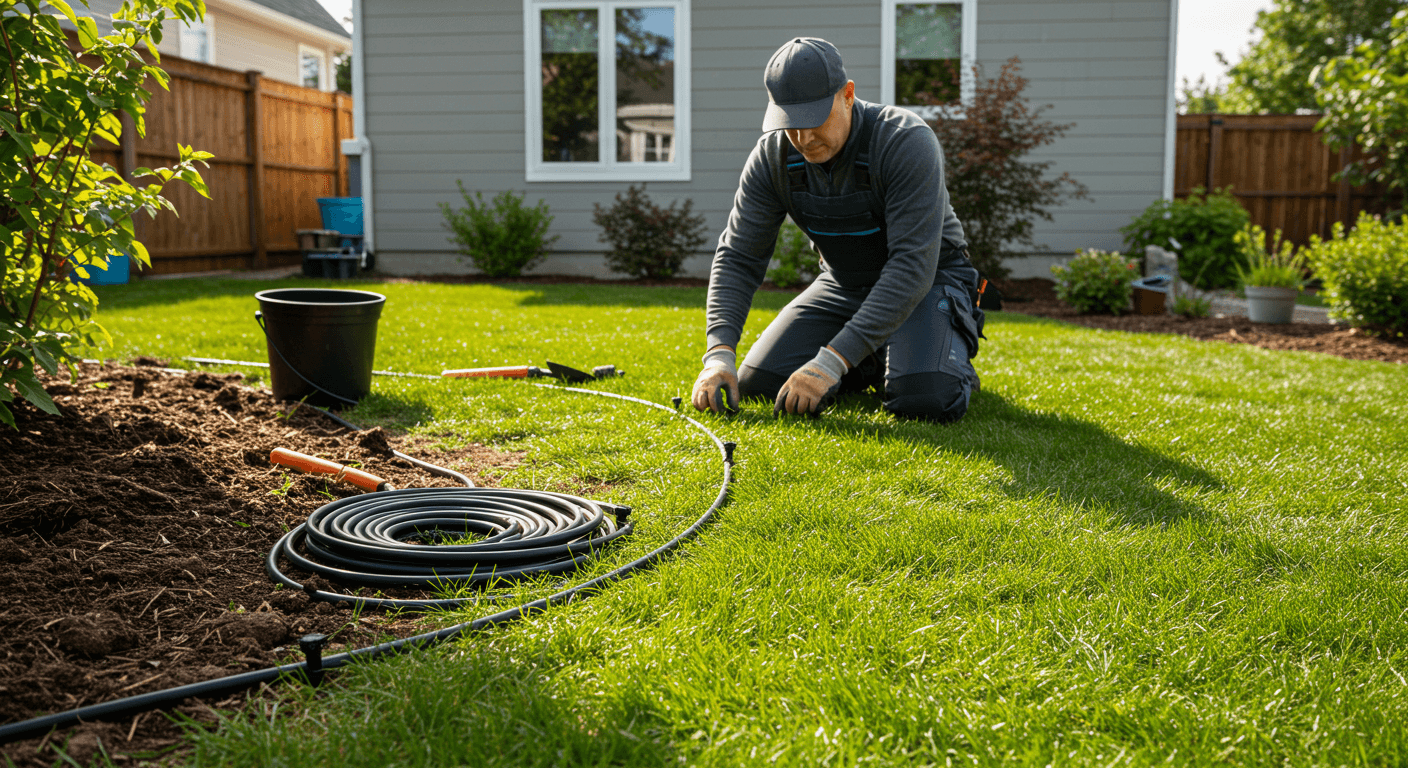 Technician installing a drip irrigation system in a sunny residential backyard