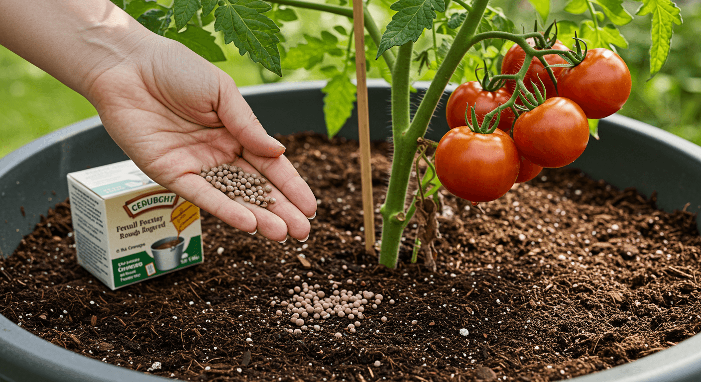 Proper Soil and Fertilization for Growing Tomatoes in Containers Tomato plant in container being fertilized with rich potting soil and visible nutrients