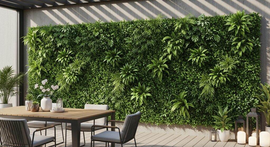Artificial vertical garden wall on a modern patio with realistic green foliage panels
