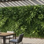 Artificial vertical garden wall on a modern patio with realistic green foliage panels