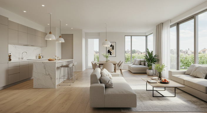 Modern open-concept living space integrating kitchen, dining, and living areas with natural light.