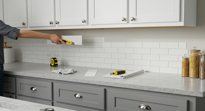 DIY installation of white subway-style peel-and-stick backsplash in a modern kitchen.