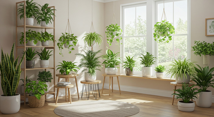 Modern indoor living space featuring low-maintenance plants like snake plants, ZZ plants, and pothos.