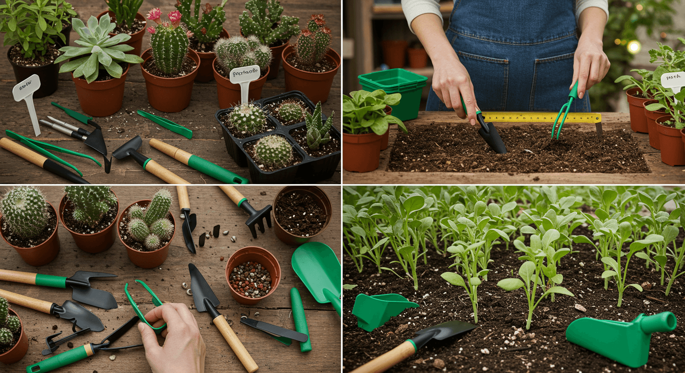 Tailored Gardening Tools for Succulents, Vegetables, and More Gardener using different tools for succulents and vegetables in a multi-purpose garden setup