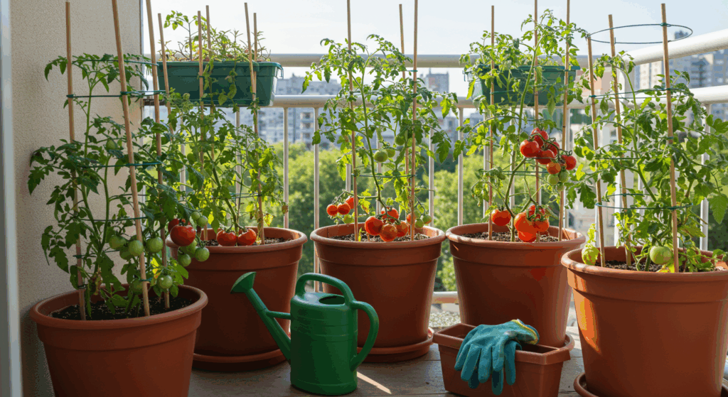 Balcony garden with container-grown tomato plants supported by stakes