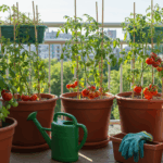 Balcony garden with container-grown tomato plants supported by stakes