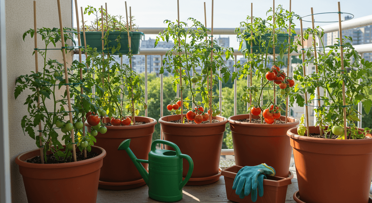 Balcony garden with container-grown tomato plants supported by stakes