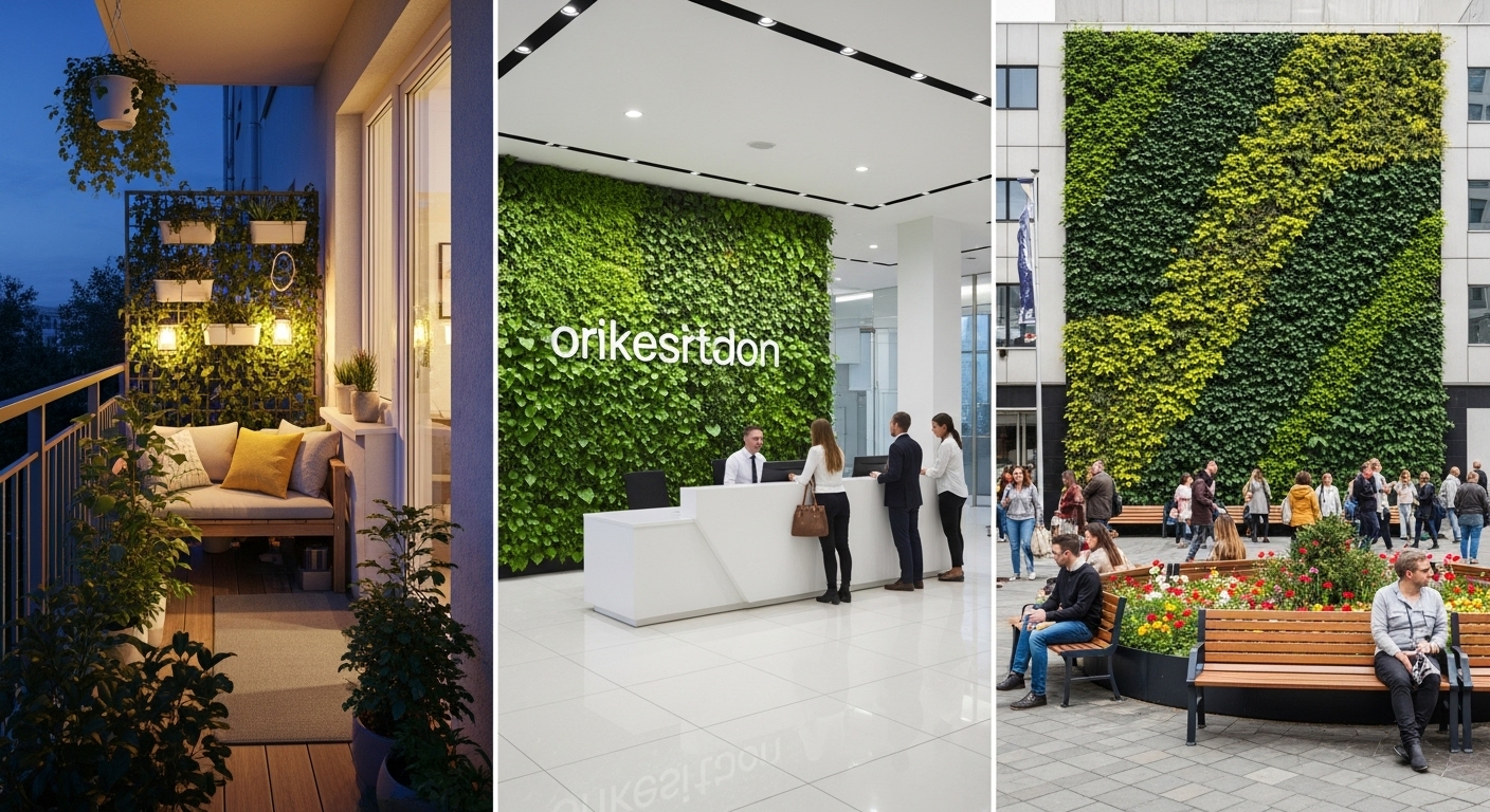 Residential, office, and public settings with vertical garden walls improving privacy, aesthetics, and biodiversity
