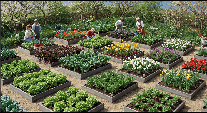 Spring garden with raised beds containing vegetables and flowers, gardeners tending to plants.